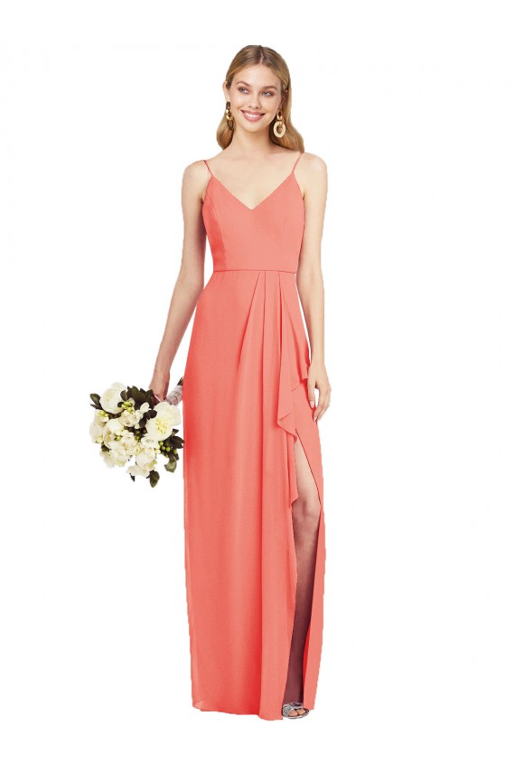 Coral Trompeta Tirantes espagueti Cuello en V Gasa Largo Vestidos de dama de honor Outlet