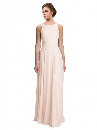Crema Rosa línea A Barco Cuello Alto Gasa Largo Vestidos de dama de honor Outlet