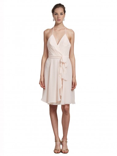 Crema Rosa línea A Halter Cuello en V Gasa Corto Vestidos de dama de honor / Vestidos de cóctel / Vestidos para homecoming Outlet