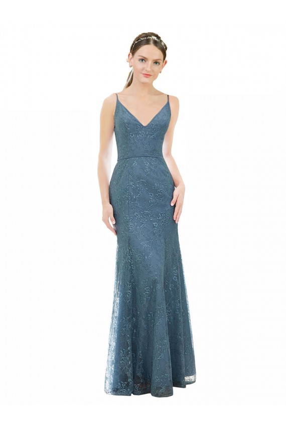 Cubierta Tirantes espagueti Cuello en V Encaje Largo Vestidos de dama de honor Outlet