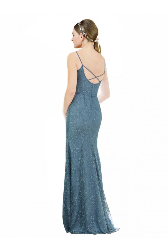 Cubierta Tirantes espagueti Cuello en V Encaje Largo Vestidos de dama de honor Outlet