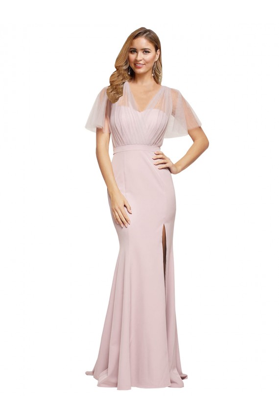 Cubierta Un Hombre Cuello de Corazón Crepé Elástico Tul Largo Formales Vestidos de dama de honor / Vestidos de fiesta Outlet