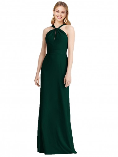 Evergreen Trompeta Halter Gasa Largo Vestidos de dama de honor Outlet