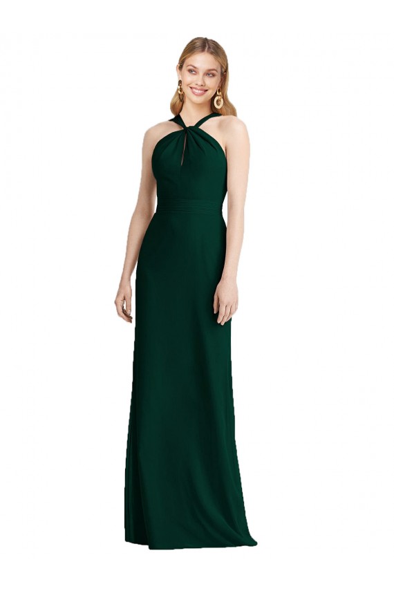 Evergreen Trompeta Halter Gasa Largo Vestidos de dama de honor Outlet