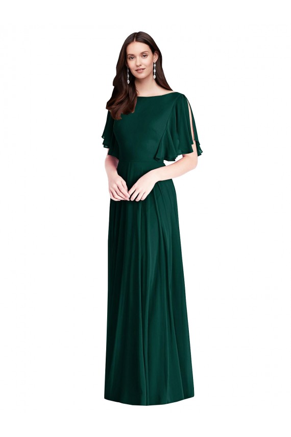 Evergreen línea A Barco Gasa Largo Vestidos de dama de honor Outlet