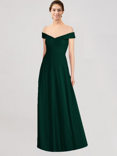 Evergreen línea A Hombros Descubiertos Cuello en V Gasa Largo Vestidos de dama de honor Outlet