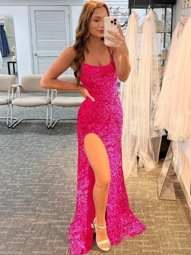 Fucsia Cubierta Tirantes espagueti Barrer tren Lentejuelas Terciopelo Largo Vestidos de fiesta Outlet