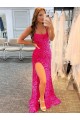 Fucsia Cubierta Tirantes espagueti Barrer tren Lentejuelas Terciopelo Largo Vestidos de fiesta Outlet