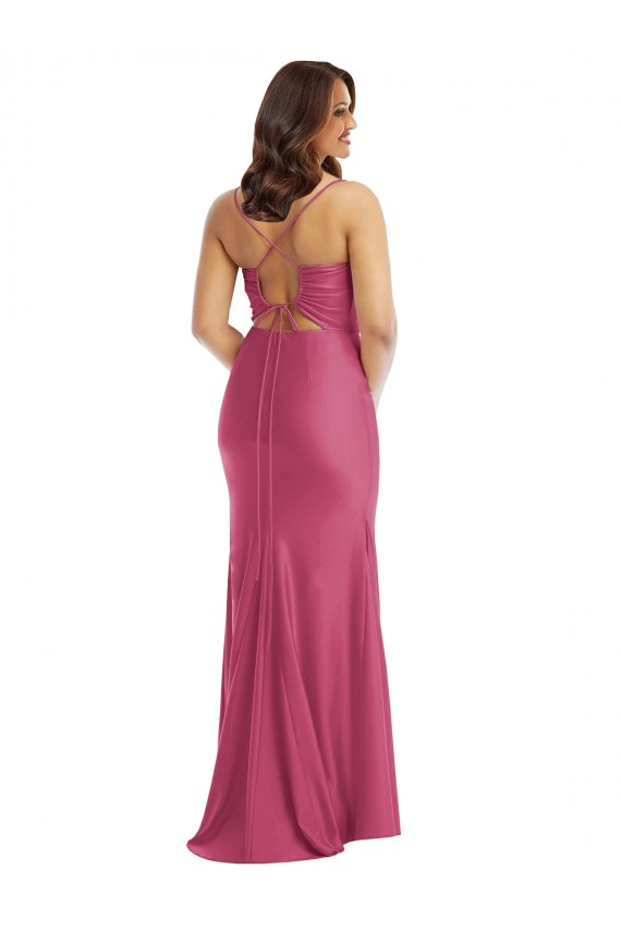Fucsia Sirena Tirantes espagueti Satén sedoso Largo Formales Vestidos de dama de honor / Vestidos de fiesta Outlet