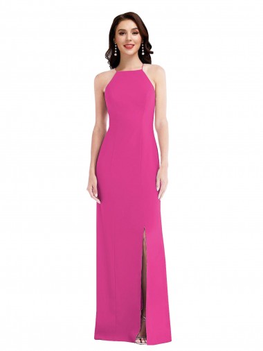 Fucsia Trompeta Halter Cuello Alto Crepé Elástico Largo Formales Vestidos de dama de honor / Vestidos de fiesta Outlet