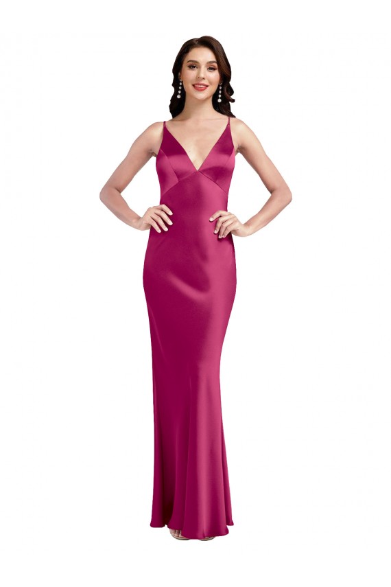 Fucsia línea A Tirantes espagueti Cuello en V Satén elástico Largo Formales Vestidos de dama de honor / Vestidos de fiesta Outlet