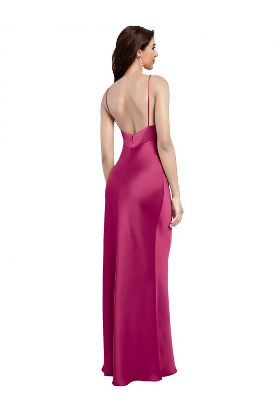 Fucsia línea A Tirantes espagueti Cuello en V Satén elástico Largo Formales Vestidos de dama de honor / Vestidos de fiesta Outlet