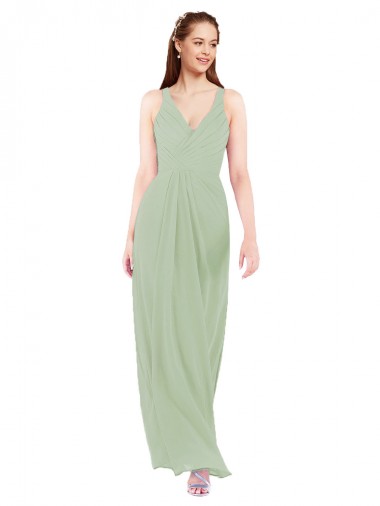 Humo Verde Cubierta Cuello en V Gasa Largo Vestidos de dama de honor Outlet