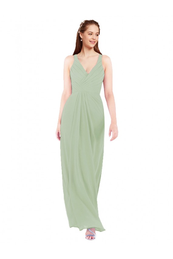 Humo Verde Cubierta Cuello en V Gasa Largo Vestidos de dama de honor Outlet