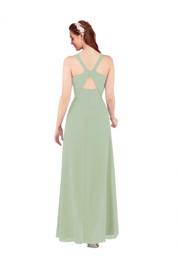 Humo Verde Cubierta Cuello en V Gasa Largo Vestidos de dama de honor Outlet