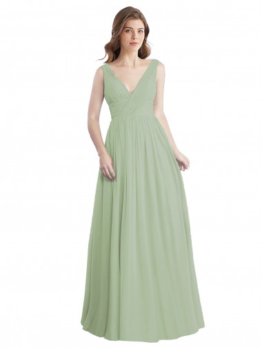 Humo Verde línea A Cuello en V Gasa Largo Vestidos de dama de honor Outlet