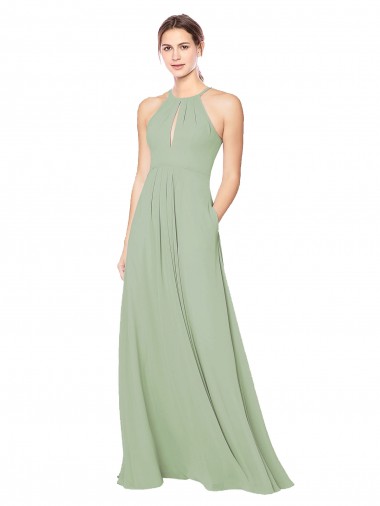 Humo Verde línea A Halter Gasa Largo Vestidos de dama de honor Outlet