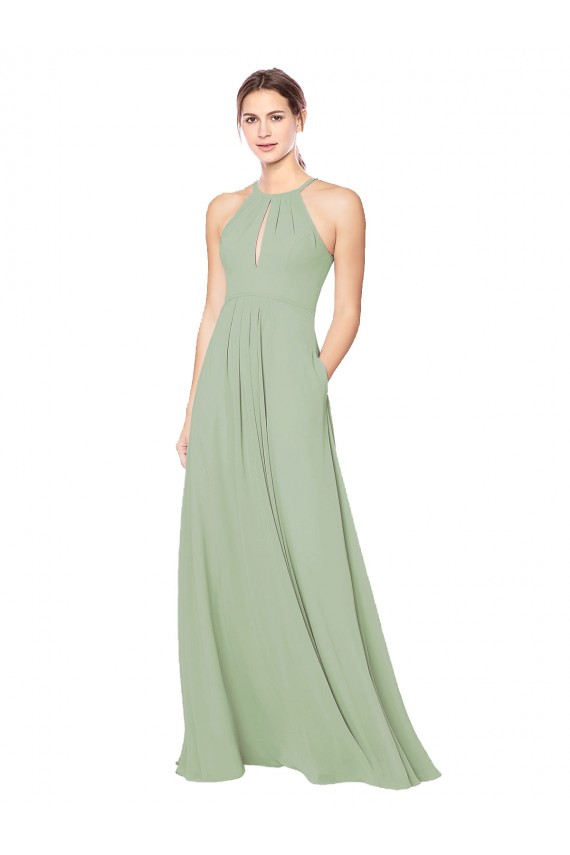 Humo Verde línea A Halter Gasa Largo Vestidos de dama de honor Outlet