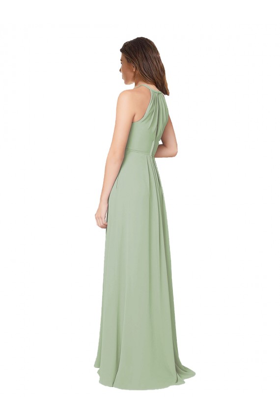 Humo Verde línea A Halter Gasa Largo Vestidos de dama de honor Outlet