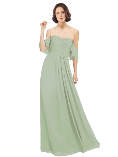 Humo Verde línea A Hombros Descubiertos Gasa Largo Vestidos de dama de honor Outlet