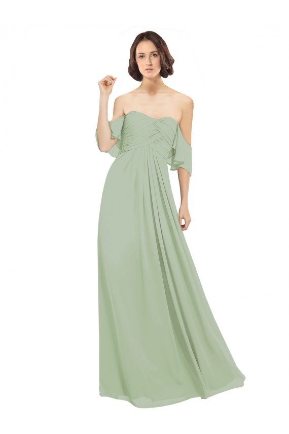 Humo Verde línea A Hombros Descubiertos Gasa Largo Vestidos de dama de honor Outlet