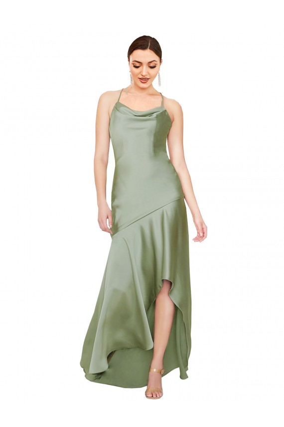 Humo Verde línea A Satén sedoso Largo Asimétrico Formales Vestidos de dama de honor / Vestidos de fiesta Outlet