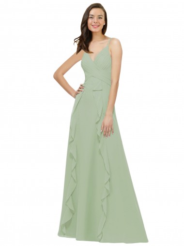 Humo Verde línea A Tirantes espagueti Cuello en V Gasa Largo Vestidos de dama de honor Outlet