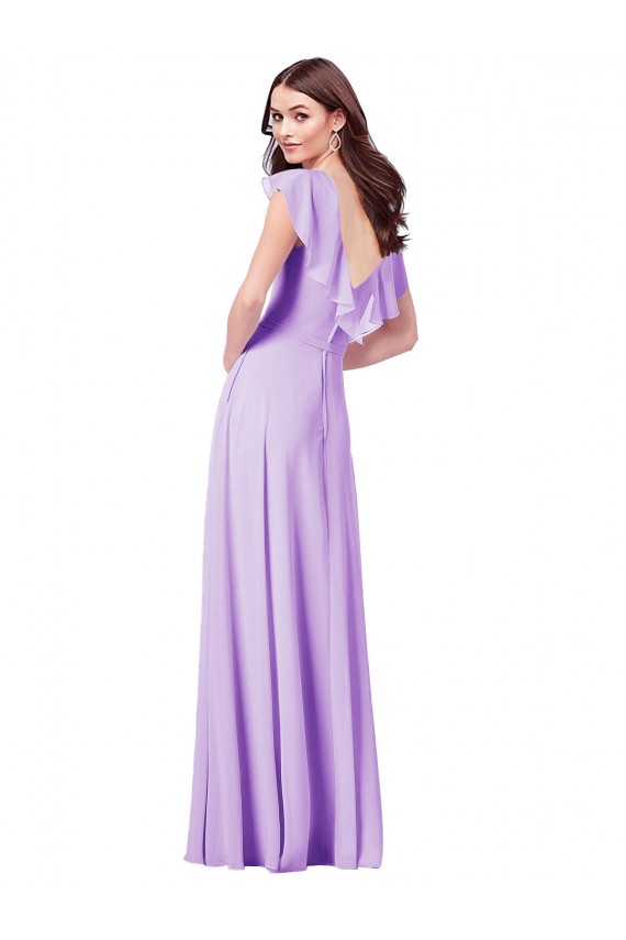 Lila línea A Cuello en V Gasa Largo Vestidos de dama de honor Outlet