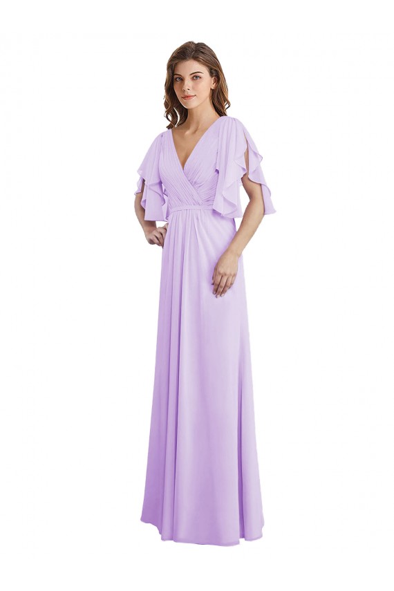 Lila línea A Cuello en V Gasa Largo Vestidos de dama de honor Outlet