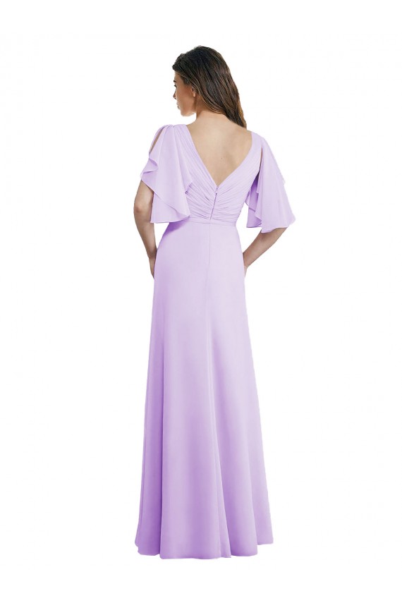 Lila línea A Cuello en V Gasa Largo Vestidos de dama de honor Outlet