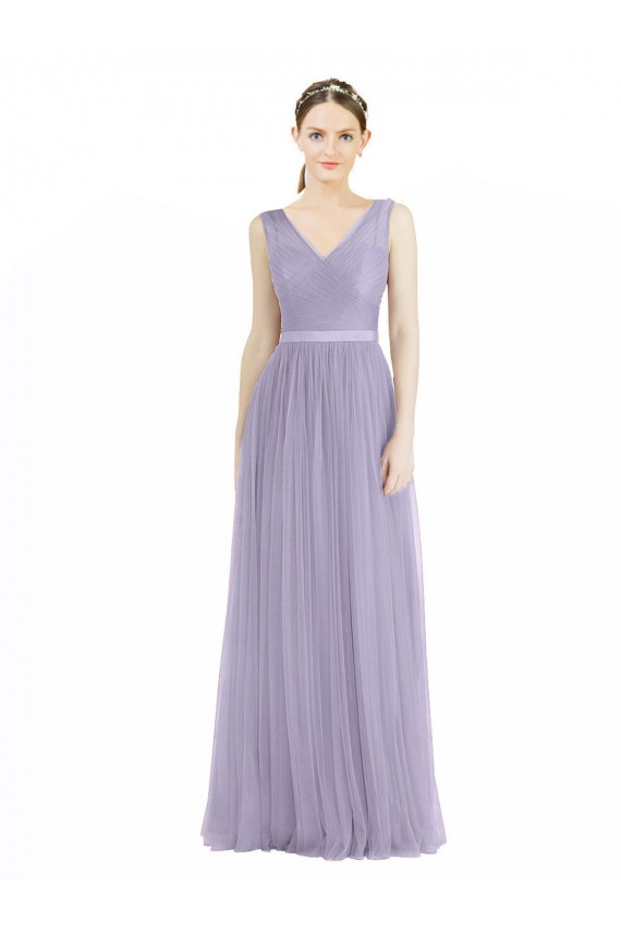 Lila línea A Cuello en V Tul Largo Vestidos de dama de honor Outlet