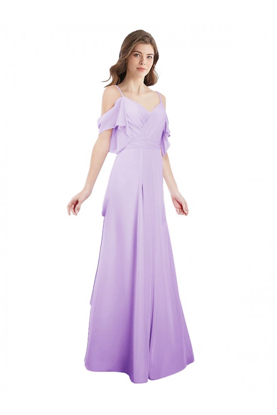 Lila línea A Hombros Descubiertos Tirantes espagueti Gasa Largo Vestidos de dama de honor Outlet