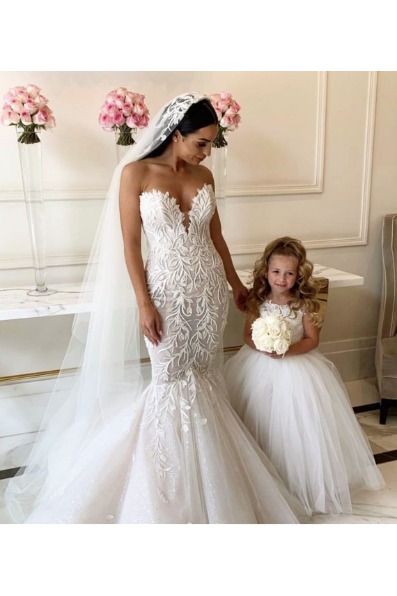 Marfil Barco Cola capilla Tul Encaje Largo vestidos de niña de las flores Outlet