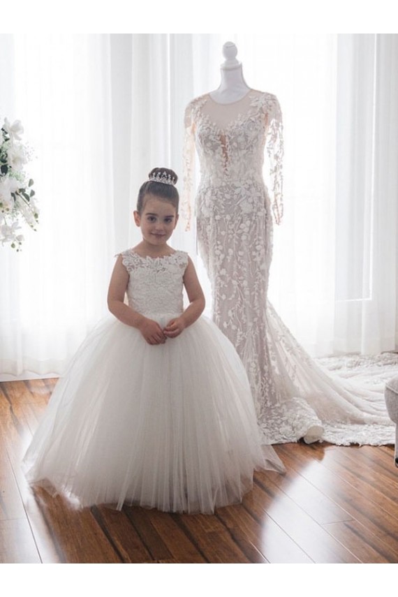 Marfil Barco Cola capilla Tul Encaje Largo vestidos de niña de las flores Outlet