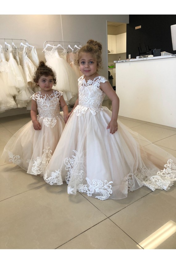 Marfil Barco Cola capilla Tul Encaje Largo vestidos de niña de las flores Outlet