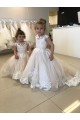 Marfil Barco Cola capilla Tul Encaje Largo vestidos de niña de las flores Outlet