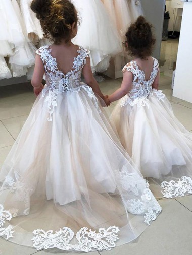 Marfil Barco Cola capilla Tul Encaje Largo vestidos de niña de las flores Outlet