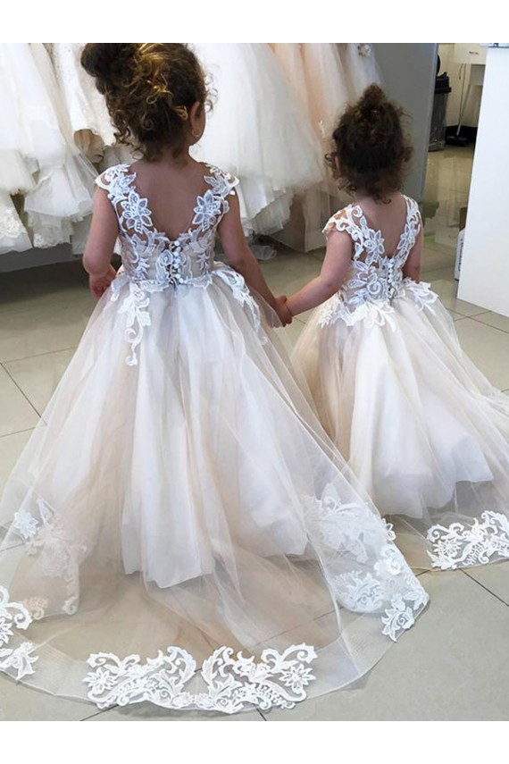Marfil Barco Cola capilla Tul Encaje Largo vestidos de niña de las flores Outlet