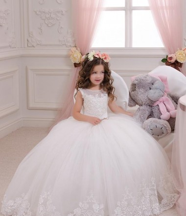Marfil Barco Cola capilla Tul Encaje Largo vestidos de niña de las flores Outlet