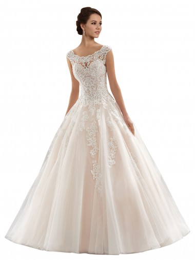 Marfil & Champán Barco Cola capilla Tul Encaje Vestidos de novia Outlet