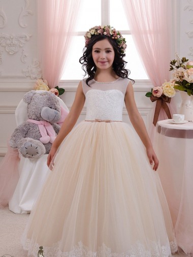Marfil & Champán Cuello de Corazón Tul Encaje Largo vestidos de niña de las flores Outlet