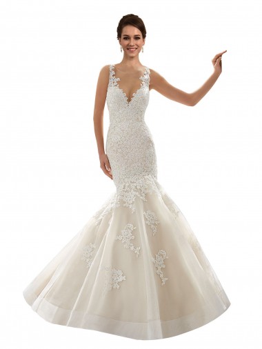 Marfil & Champán Sirena Cuello en V Cola capilla Tul Encaje Clásico Vestidos de novia Outlet