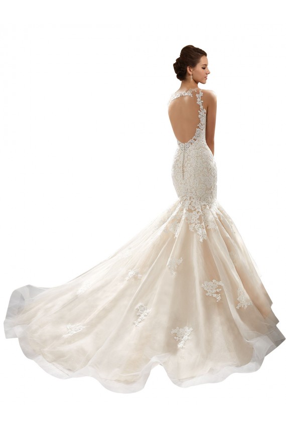 Marfil & Champán Sirena Cuello en V Cola capilla Tul Encaje Clásico Vestidos de novia Outlet