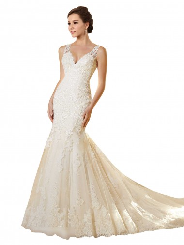 Marfil & Champán Sirena Cuello en V Cola capilla Tul Encaje Vestidos de novia Outlet