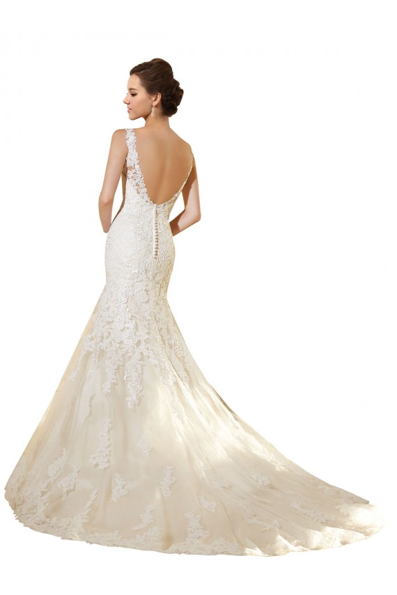 Marfil & Champán Sirena Cuello en V Cola capilla Tul Encaje Vestidos de novia Outlet