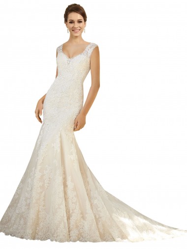 Marfil & Champán Sirena Cuello en V Cola capilla Tul Encaje Vestidos de novia Outlet