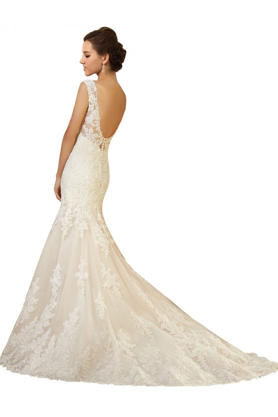 Marfil & Champán Sirena Cuello en V Cola capilla Tul Encaje Vestidos de novia Outlet