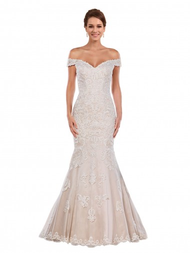 Marfil & Champán Sirena Hombros Descubiertos Cola capilla Encaje Clásico Vestidos de novia Outlet