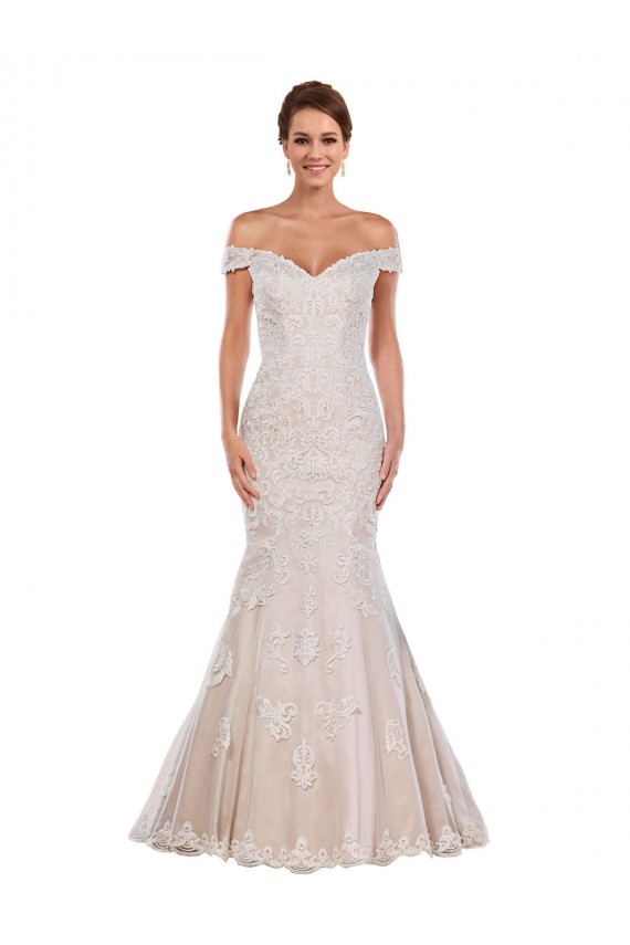 Marfil & Champán Sirena Hombros Descubiertos Cola capilla Encaje Clásico Vestidos de novia Outlet