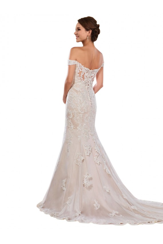 Marfil & Champán Sirena Hombros Descubiertos Cola capilla Encaje Clásico Vestidos de novia Outlet
